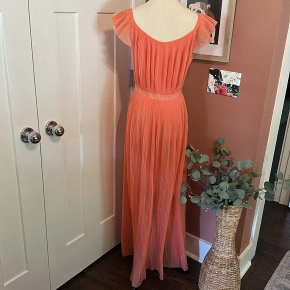Vtg Vanity Fair coral pleats waist tie S Off-Shoulder flutter sleeve nightgown - Picture 7 of 16